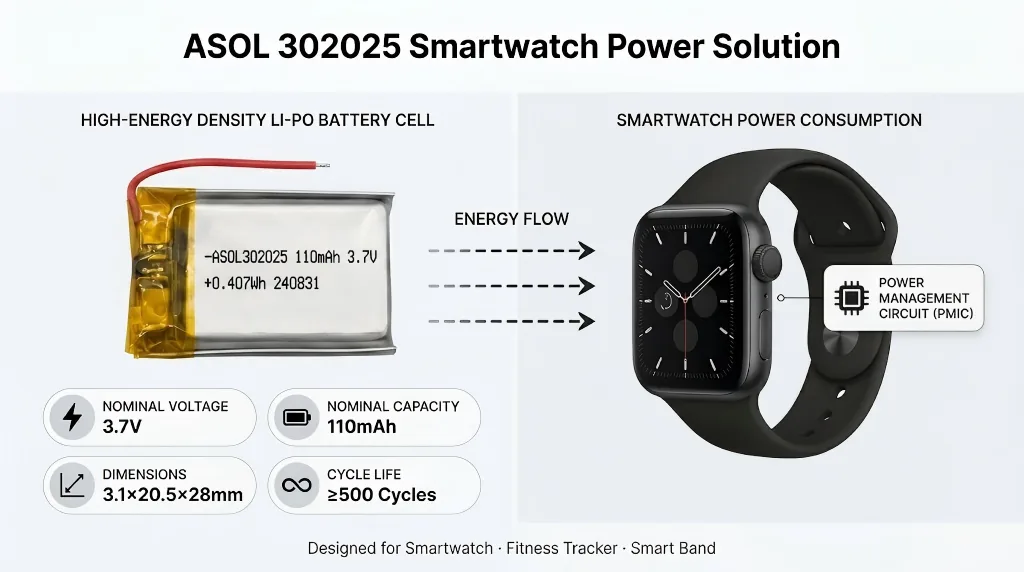 ASOL 302025 3.7V 110mAh Lithium Polymer battery infographic — smart watches and TWS earbuds