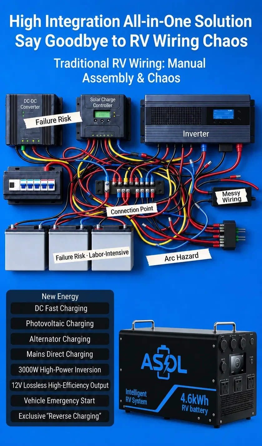 Traditional RV wiring chaos vs ASOL all-in-one