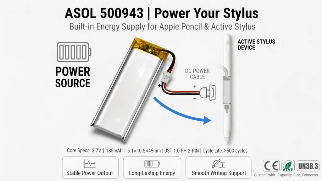 ASOL 500943 3.7V 185mAh Lithium Polymer battery infographic &mdash; smart pens and digital styli