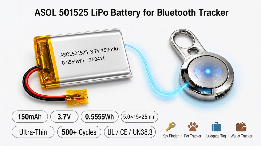 ASOL 501525 3.7V 150mAh Lithium Polymer battery infographic &mdash; Bluetooth and GPS trackers and smart tags