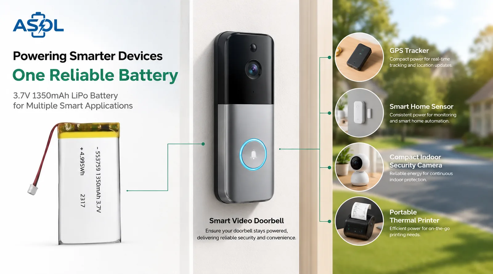 ASOL 553759 3.7V 1350mAh Lithium Polymer battery infographic — smart video doorbells, GPS trackers, security cameras