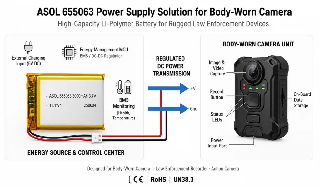 ASOL 655063 3.7V 3000mAh Lithium Polymer battery infographic &mdash; body cameras and handheld scanners