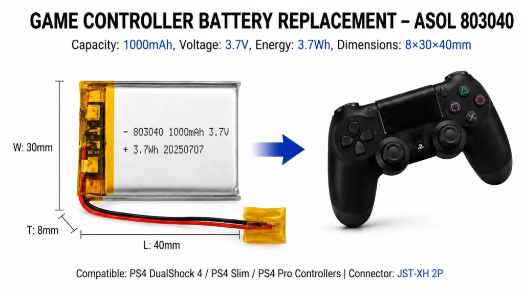 ASOL 803040 3.7V 1000mAh Lithium Polymer battery infographic &mdash; POS terminals and barcode scanners