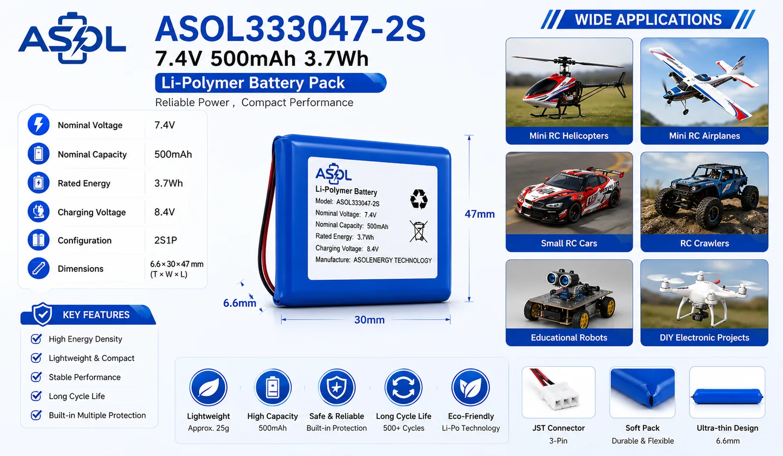 ASOL 333047-2S 7.4V 500mAh Lithium Polymer Battery Pack