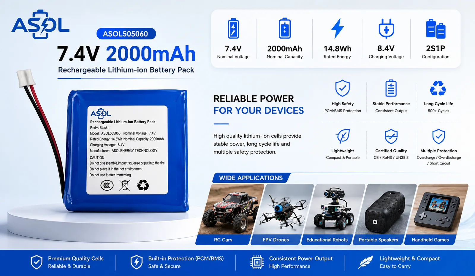 ASOL 505060-2S 7.4V 2000mAh Lithium Polymer Battery Pack