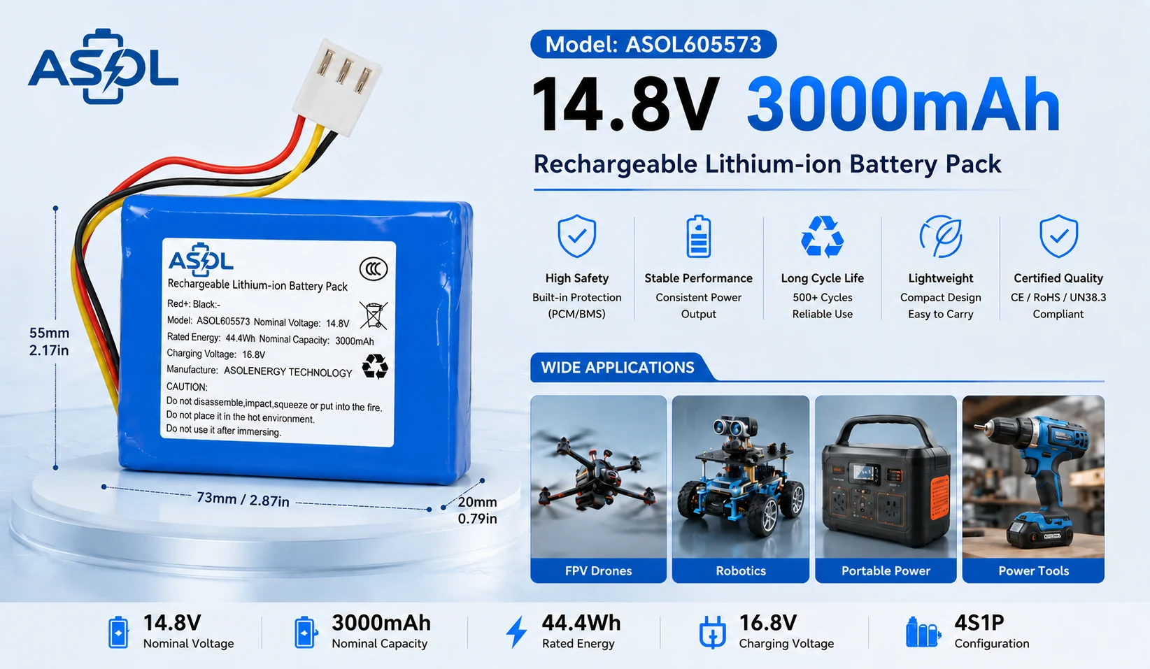 ASOL 605573-4S 14.8V 3000mAh Lithium Polymer Battery Pack