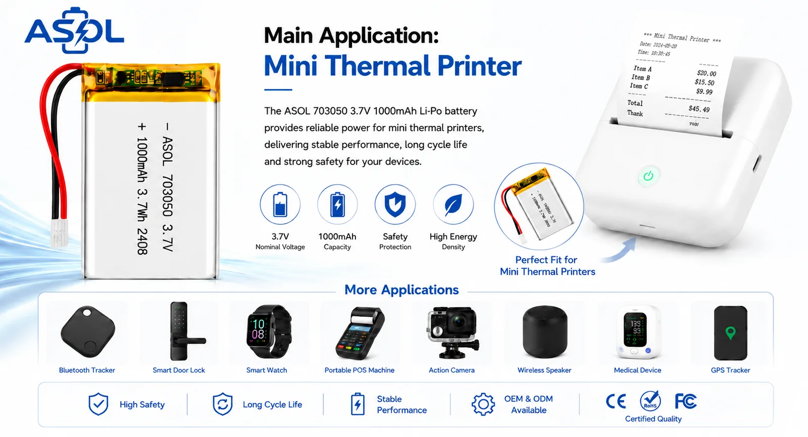 ASOL 703050 3.7V 1000mAh Lithium Polymer battery infographic — mini thermal printers and smart doorbells