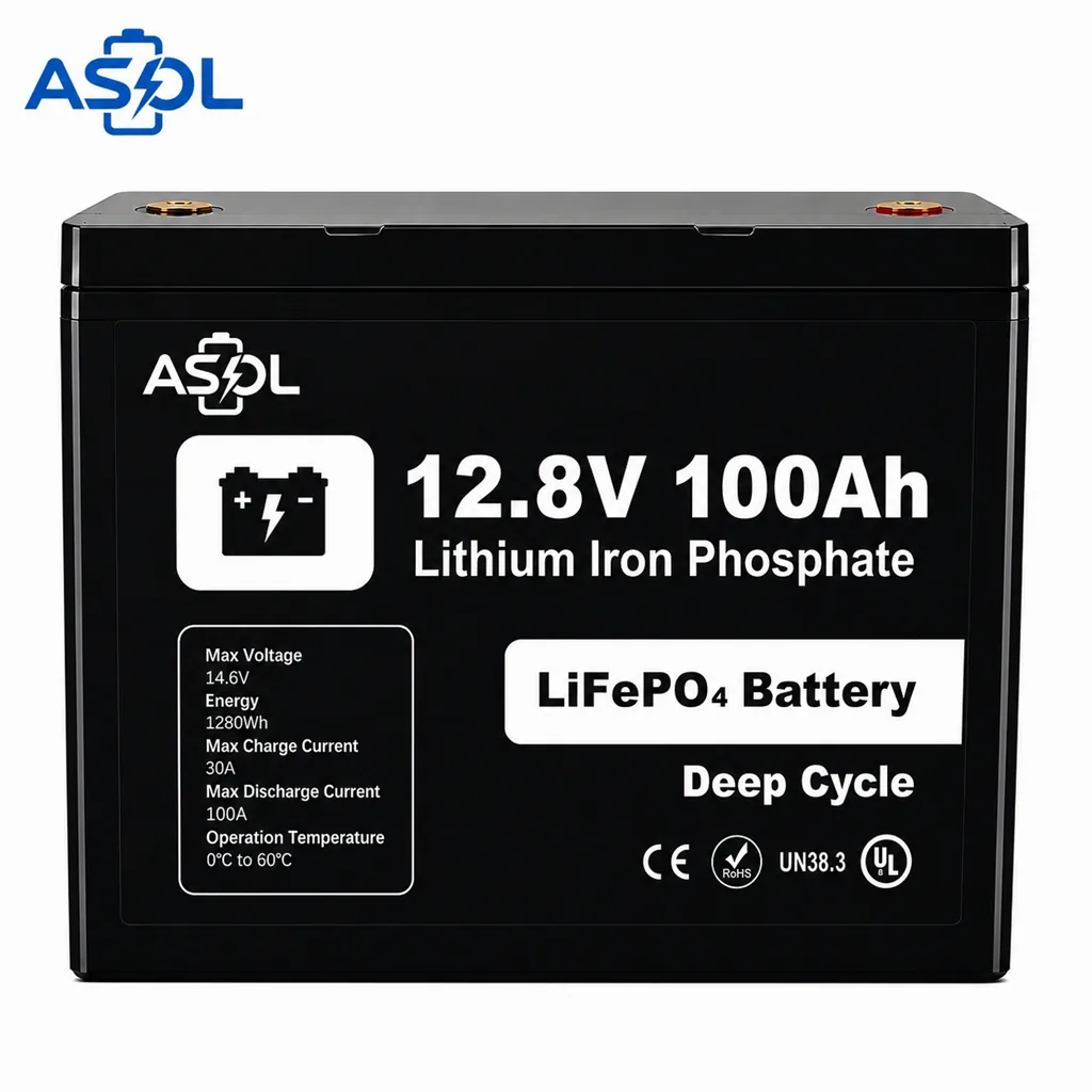 ASOL 12.8V 100Ah (1280Wh) LiFePO4 battery for RV, solar backup and emergency power