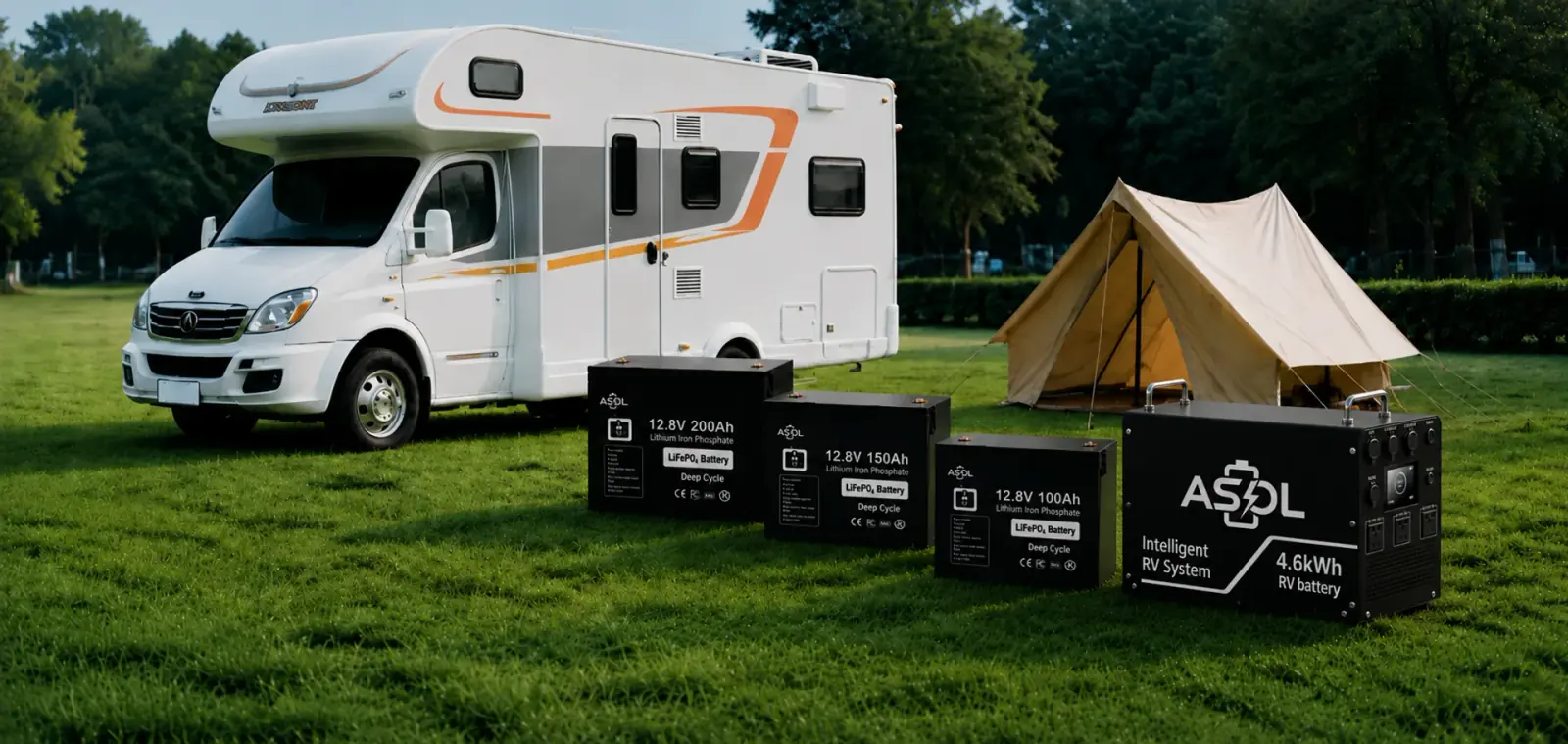 ASOL 12.8V LiFePO4 deep cycle batteries with an RV and tent at a grassy campsite