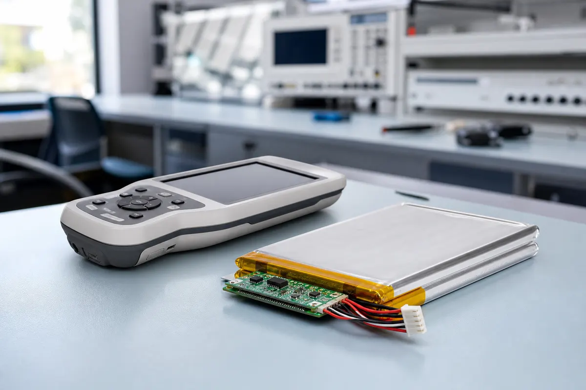 Custom lithium polymer battery pack and handheld device prototype on an engineering workbench