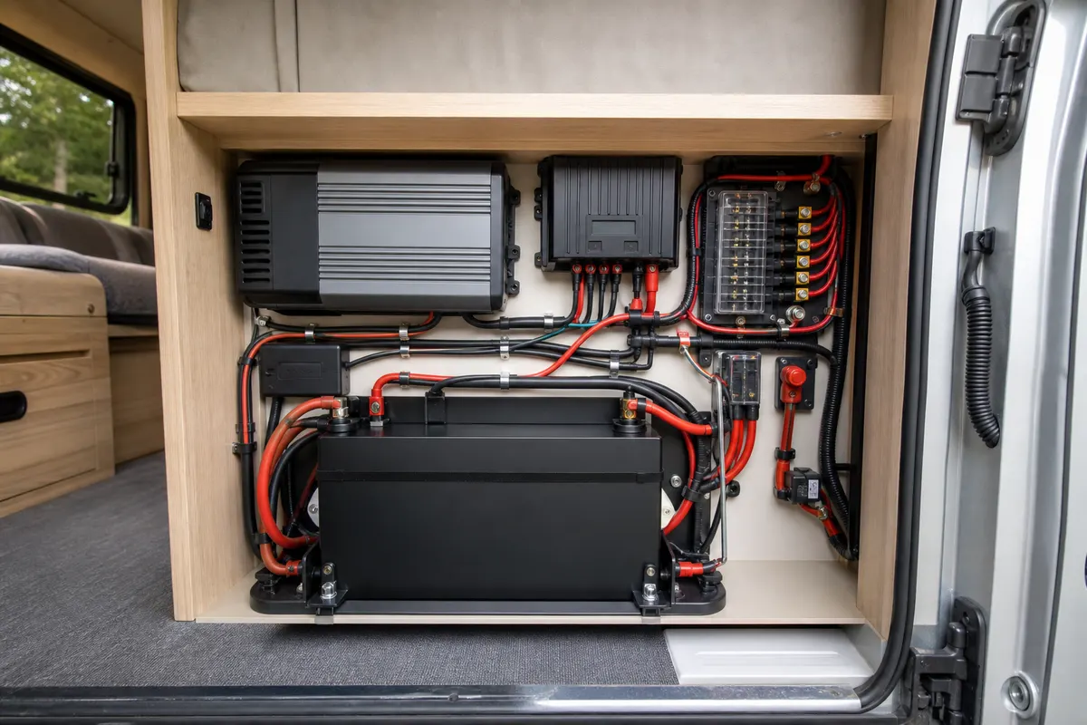Generic lithium battery integrated with inverter and charging equipment in an RV electrical bay