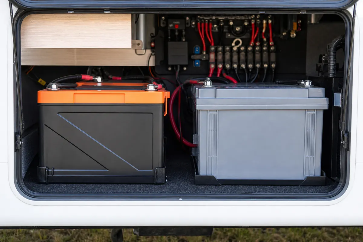 Generic lithium and lead-acid batteries installed side by side in an RV electrical compartment